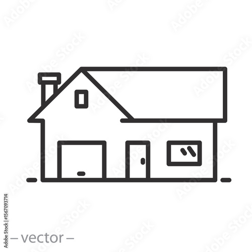 country house icon, private house with garage, one-story housing, home thin line symbol on white background - editable stroke vector illustration