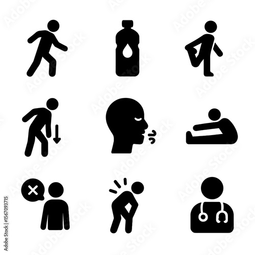 Stretching Safety Icons. Solid, filled icon set of stretching safety: warm-up, hydration, slow movements, breathing control,