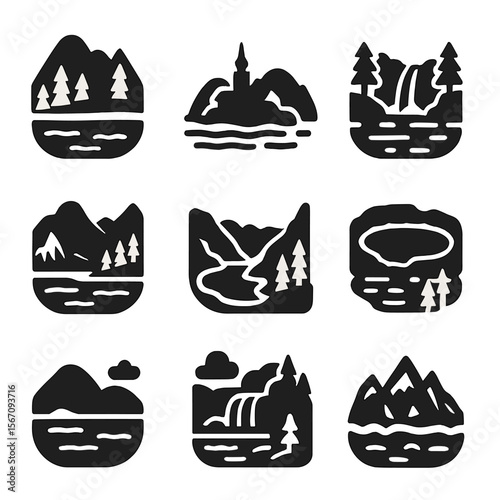 Iconic Water Lakes. Solid, filled icons set of international clear water lakes: Lake Tahoe icon, Lake Bled,