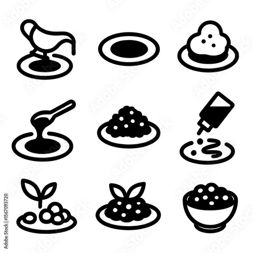 Sauce Icon Grid. Solid, filled icon set of plating sauces and toppings: béchamel, reduction, coulis, foam, glaze, crumble,