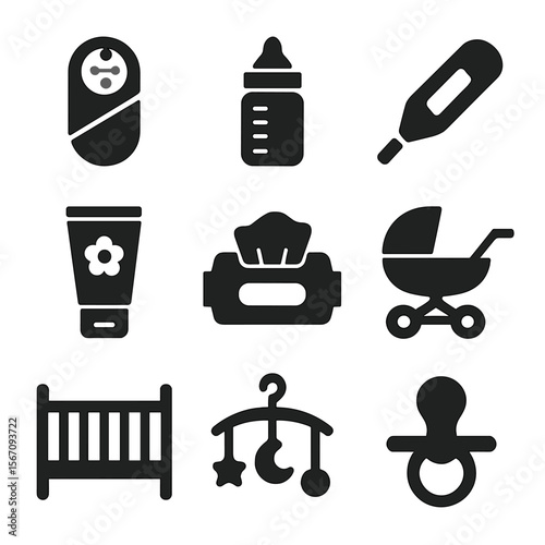 Newborn Care Icons. Solid, filled icon set of newborn care: swaddle blanket, baby bottle, thermometer, diaper rash cream, baby