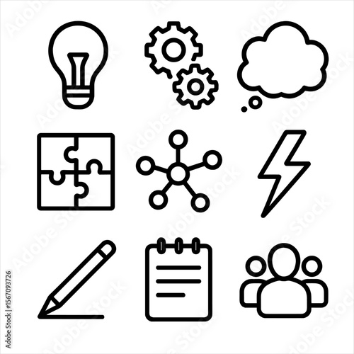 School Project Icons. Solid, filled icon set of School project brainstorming: idea bulb, gears, thought cloud, puzzle pieces, mind