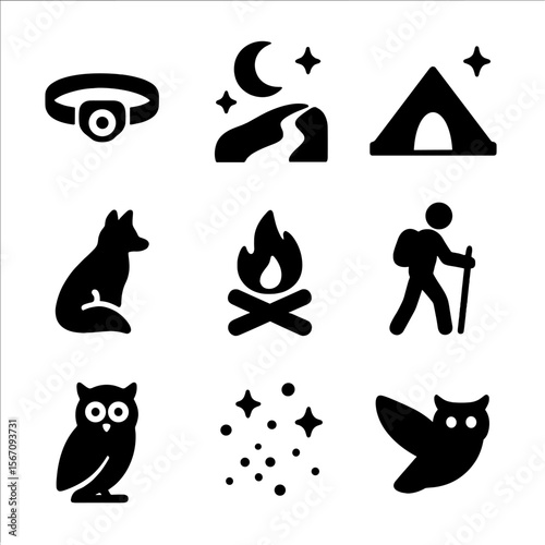 Night Hiking Icons. Solid, filled icon set of night hiking adventures: headlamp, moonlight trail, stars above, glowing tent, night