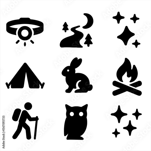 Night Hiking Icons. Solid, filled icon set of night hiking adventures: headlamp, moonlight trail, stars above, glowing tent, night