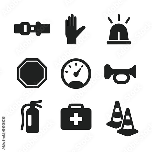 School Bus Safety Icons. Solid, filled icon set of school bus safety elements: seatbelt, crossing guard arm, flashing lights, stop