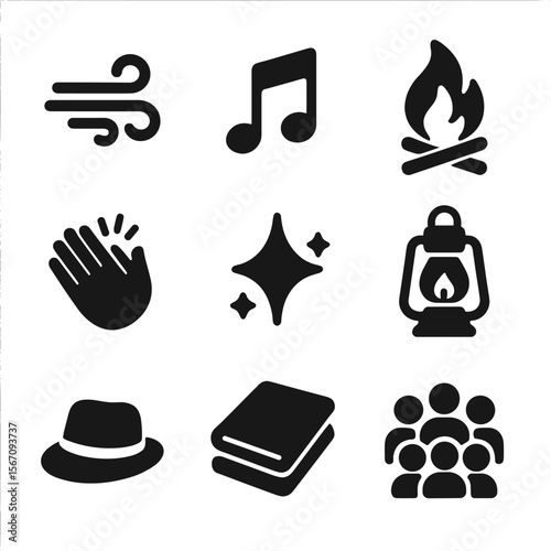 Night Ambiance Icons. Solid, filled icon set of night event ambiance elements: gentle wind icon, music note, campfire, clapping