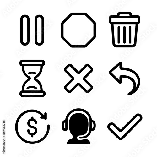 Subscription Icon Set. Solid, filled icon set of subscription cancellation and pauses: pause button, stop sign, trash bin,