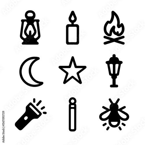 Night Light Icons. Solid, filled icon set of light sources at night: lantern, candle, campfire, street lamp, moon, star,