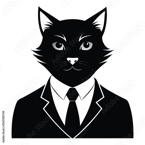 Elegant Feline Fashion Illustration A Black Cat in a Sharp Suit and Tie