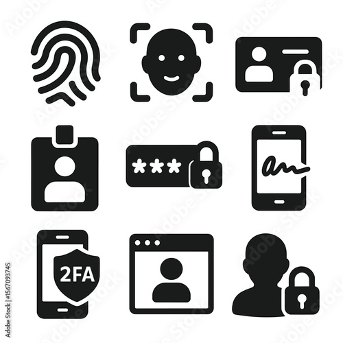 Identity Protection Icons. Solid, filled icons set of identity protection and authentication: fingerprint icon