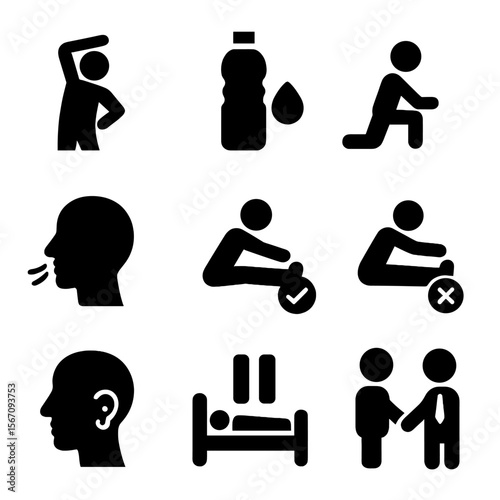 Stretching Safety Icons. Solid, filled icon set of stretching safety: warm-up, hydration, slow movements, breathing control,