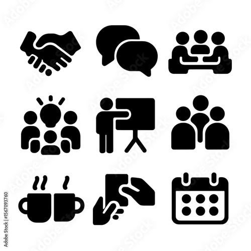 Student Collaboration Icons. Solid, filled icon set of student collaboration activities: handshake, chat bubbles, group discussion