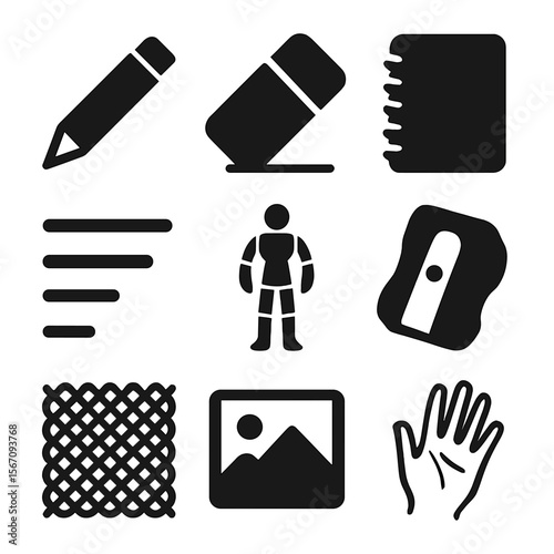 Illustration Tools Icons. Solid, filled icons set of illustrators and sketch artists: pencil icon, eraser,