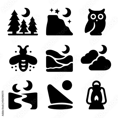 Night Nature Icons. Solid, filled icon set of night nature scenes: pine forest, rocky cliff, nocturnal animal, firefly, misty