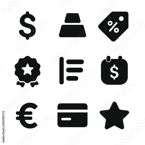 Subscription Pricing Icons. Solid, filled icon set of subscription pricing: dollar sign, plan tier, discount tag, premium badge,