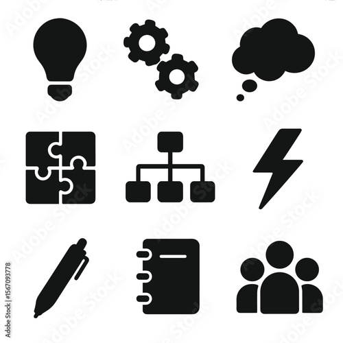 School Project Icons. Solid, filled icon set of School project brainstorming: idea bulb, gears, thought cloud, puzzle pieces, mind