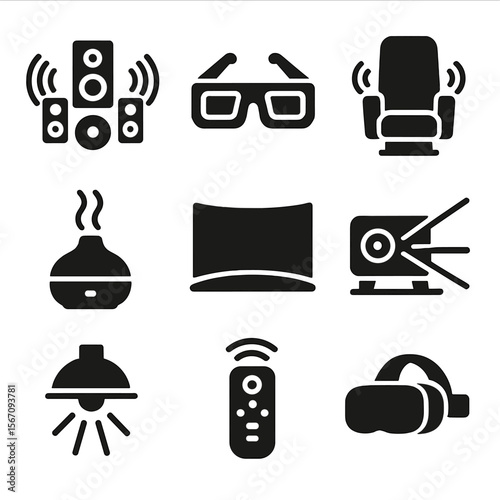 Immersive Cinema Icons Set. Solid, filled icons set of immersive cinema features: surround sound, 3D glasses,