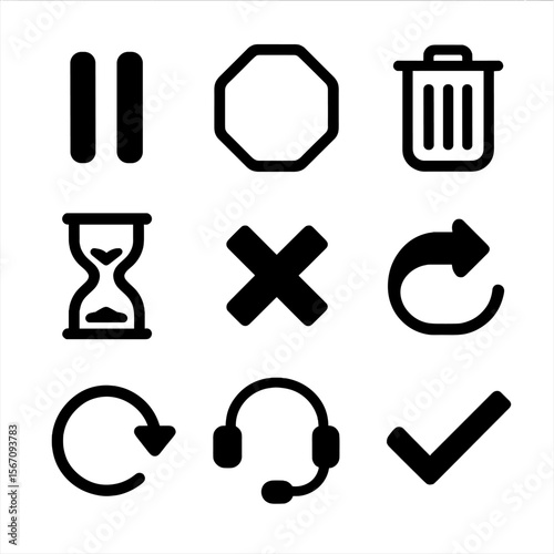 Subscription Icon Set. Solid, filled icon set of subscription cancellation and pauses: pause button, stop sign, trash bin,