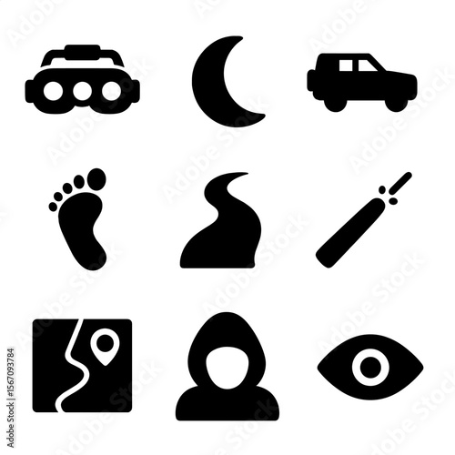 Night Operations Icons. Solid, filled icon set of night operation elements: night vision goggles, moon icon, blacked-out vehicle,