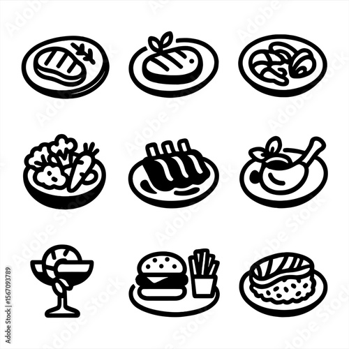 Succulent Meal Icons. Solid, filled icon set of plated succulent meals: steak with garnish, grilled chicken with herbs, seafood