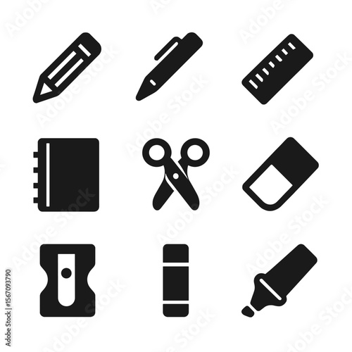 School Supplies Icons. Solid, filled icon set of school supplies: pencil, pen, ruler, notebook, scissors, eraser, sharpener, glue