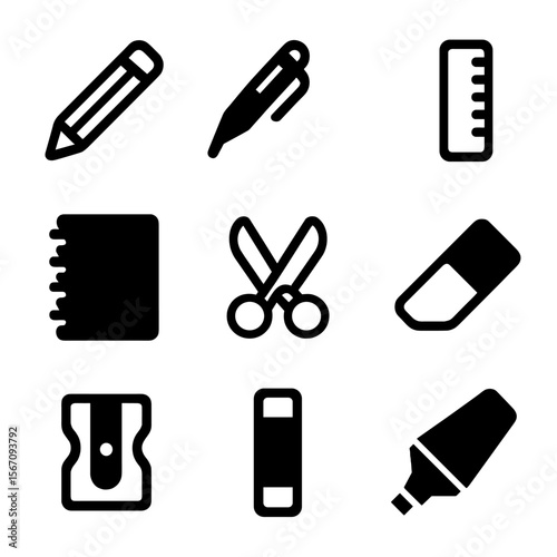 School Supplies Icons. Solid, filled icon set of school supplies: pencil, pen, ruler, notebook, scissors, eraser, sharpener, glue
