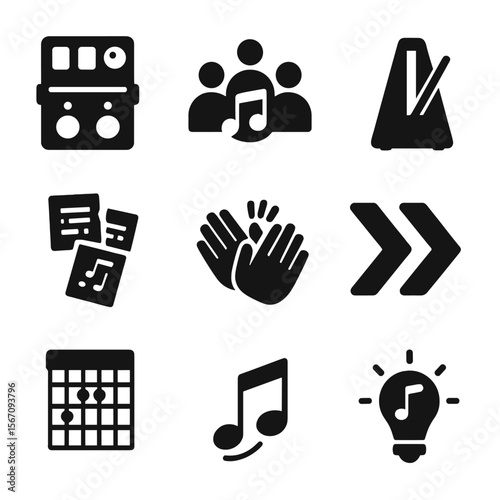 Improvisational Music Icons. Solid, filled icons set of improvisational music tools: loop pedal, jam session
