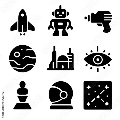 Sci-Fi Icon Grid. Solid, filled icon set of science fiction book illustration: spaceship, robot, alien planet, laser gun,