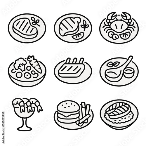 Succulent Meal Icons. Solid, filled icon set of plated succulent meals: steak with garnish, grilled chicken with herbs, seafood