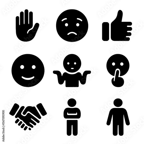 Nonverbal Communication Icons. Solid, filled icon set of nonverbal communication: gesture hand, facial expression, eye contact,