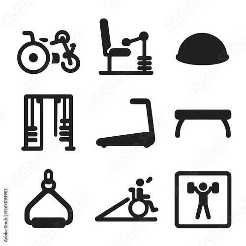 Inclusive Gym Equipment Icons. Solid, filled icons set of inclusive gym equipment: hand cycle, seated row