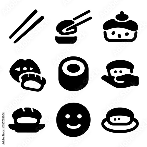 Sushi Icons Collection. Solid, filled icon set of sushi eating: chopsticks, dipping sushi, soy sauce, wasabi on sushi, sushi bite,
