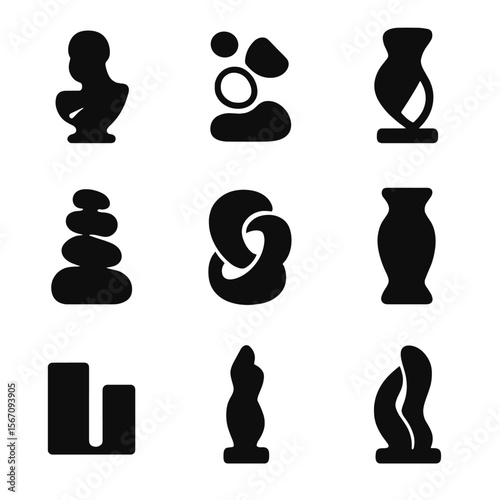 Sculptural Icon Set. Solid, filled icon set of contemporary sculptures: fragmented pieces, floating abstraction, bent wire,