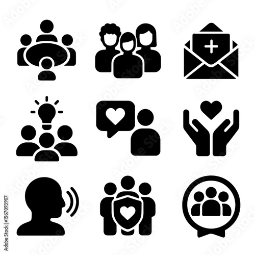 Inclusive Team Collaboration Icons. Solid, filled icons set of inclusive team collaboration: roundtable icon,