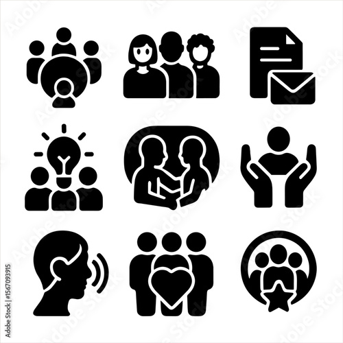Inclusive Team Collaboration Icons. Solid, filled icons set of inclusive team collaboration: roundtable icon,