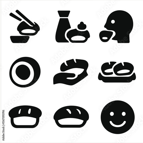 Sushi Icons Collection. Solid, filled icon set of sushi eating: chopsticks, dipping sushi, soy sauce, wasabi on sushi, sushi bite,