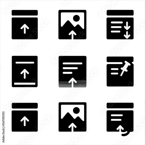 Scroll Pattern Icons. Solid, filled icon set of scroll behavior patterns: sticky nav, parallax scroll, infinite scroll, reveal on