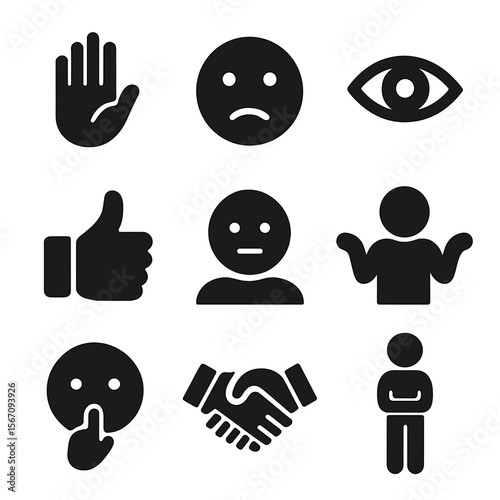 Nonverbal Communication Icons. Solid, filled icon set of nonverbal communication: gesture hand, facial expression, eye contact,