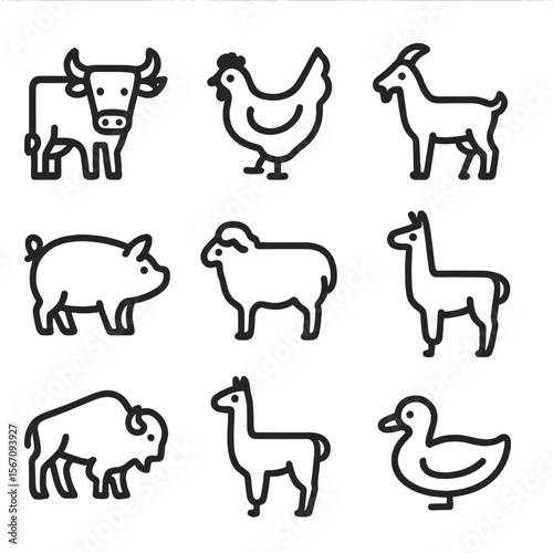 Sustainable Animal Icons. Solid, filled icon set of sustainable animal breeds: heritage cattle, free-range chickens, dairy goat,