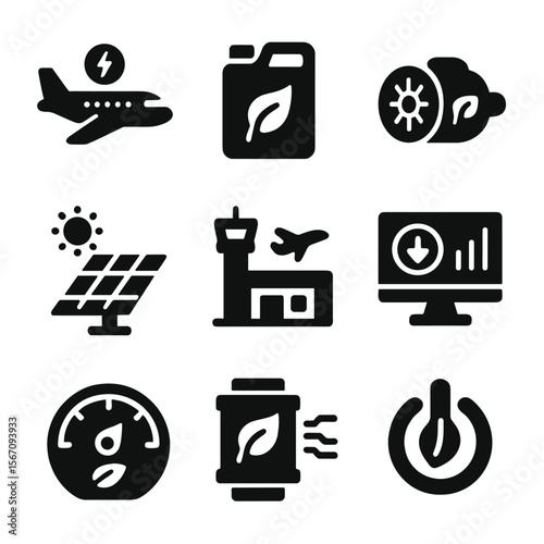 Sustainable Aviation Icons. Solid, filled icon set of sustainable aviation tech: electric jet, biofuel tank, hybrid engine, solar