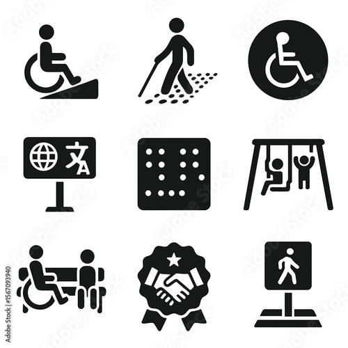 Inclusive Urban Icons. Solid, filled icons set of inclusive urban living features: accessible ramp, tactile