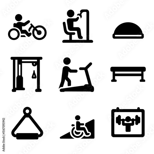Inclusive Gym Equipment Icons. Solid, filled icons set of inclusive gym equipment: hand cycle, seated row
