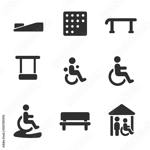 Inclusive Park Icons. Solid, filled icons set of park accessibility features: wide ramp, tactile paving,