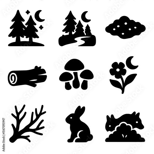 Nighttime Forest Icons. Solid, filled icon set of nighttime forest scenery: tall pine trees, moonlit clearing, winding trail,