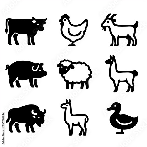 Sustainable Animal Icons. Solid, filled icon set of sustainable animal breeds: heritage cattle, free-range chickens, dairy goat,