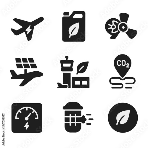 Sustainable Aviation Icons. Solid, filled icon set of sustainable aviation tech: electric jet, biofuel tank, hybrid engine, solar