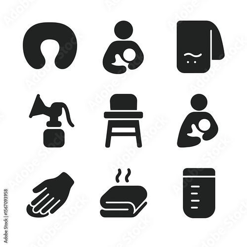Nursing Essentials Icons. Solid, filled icon set of nursing essentials: nursing pillow, breastfeeding symbol, burp cloth, breast