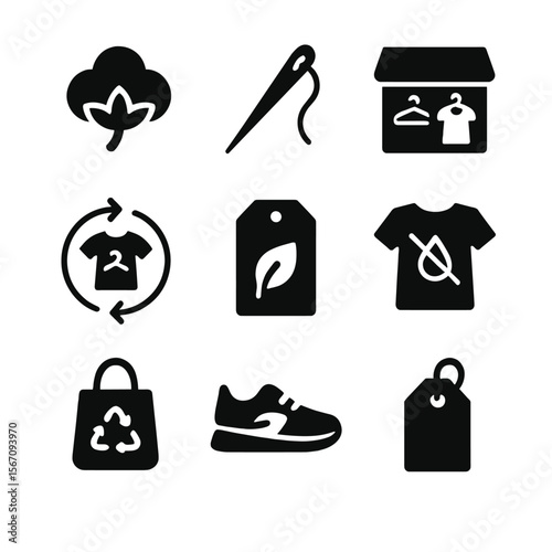 Sustainable Fashion Icons. Solid, filled icon set of sustainable fashion: organic cotton, repair needle, thrift store, swap icon,