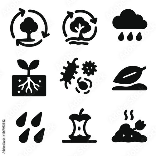 Nutrient Cycles Icons. Solid, filled icon set of nutrient cycles: nitrogen cycle, carbon cycle, water cycle, soil, plant roots,