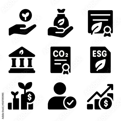 Sustainable Finance Icons. Solid, filled icon set of sustainable finance: green investment, eco fund, impact bond, ethical banking